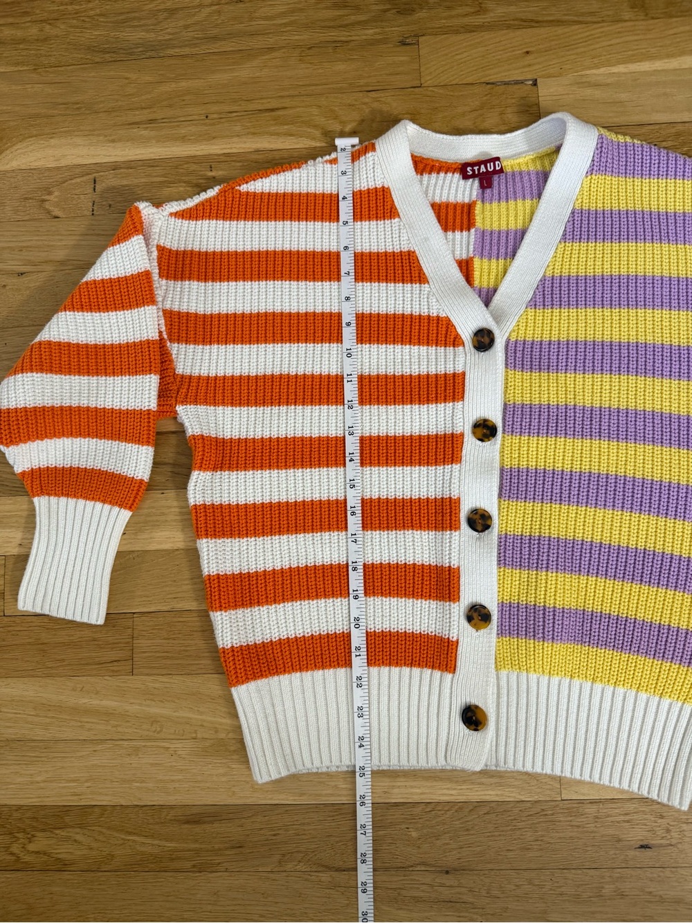 STAUD Colorblock Striped V-Neck Cardigan in Orange, Purple & Yellow